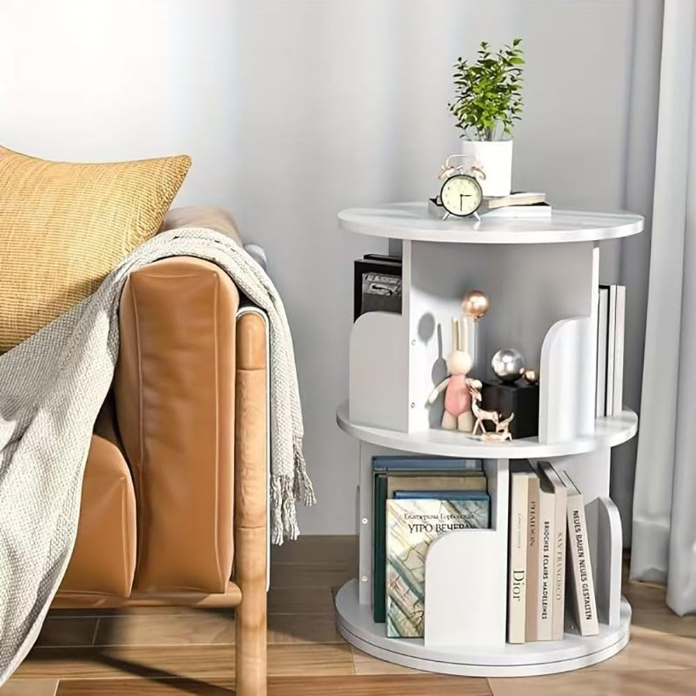 Hbluefat Rotating Bookshelf, 2-Tier Revolving 360 Display Wood Bookcase, Small round Swivel Standing Book Shelf Tower for for Bedroom, Living Room, Study Room (White1) image number 6