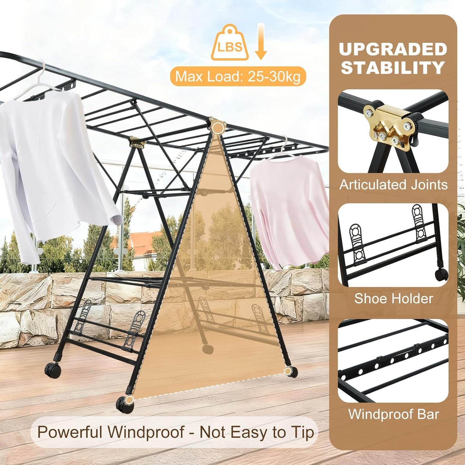 Clothes Drying Rack Foldable, 160Cm Clothes Airer Drying Rack with Wheels, Heavy Duty Metal Laundry Dryer, 3-Tier Clothes Rack Free-Stand,Indoor Outdoor Clothes Rack with Shoe Slots