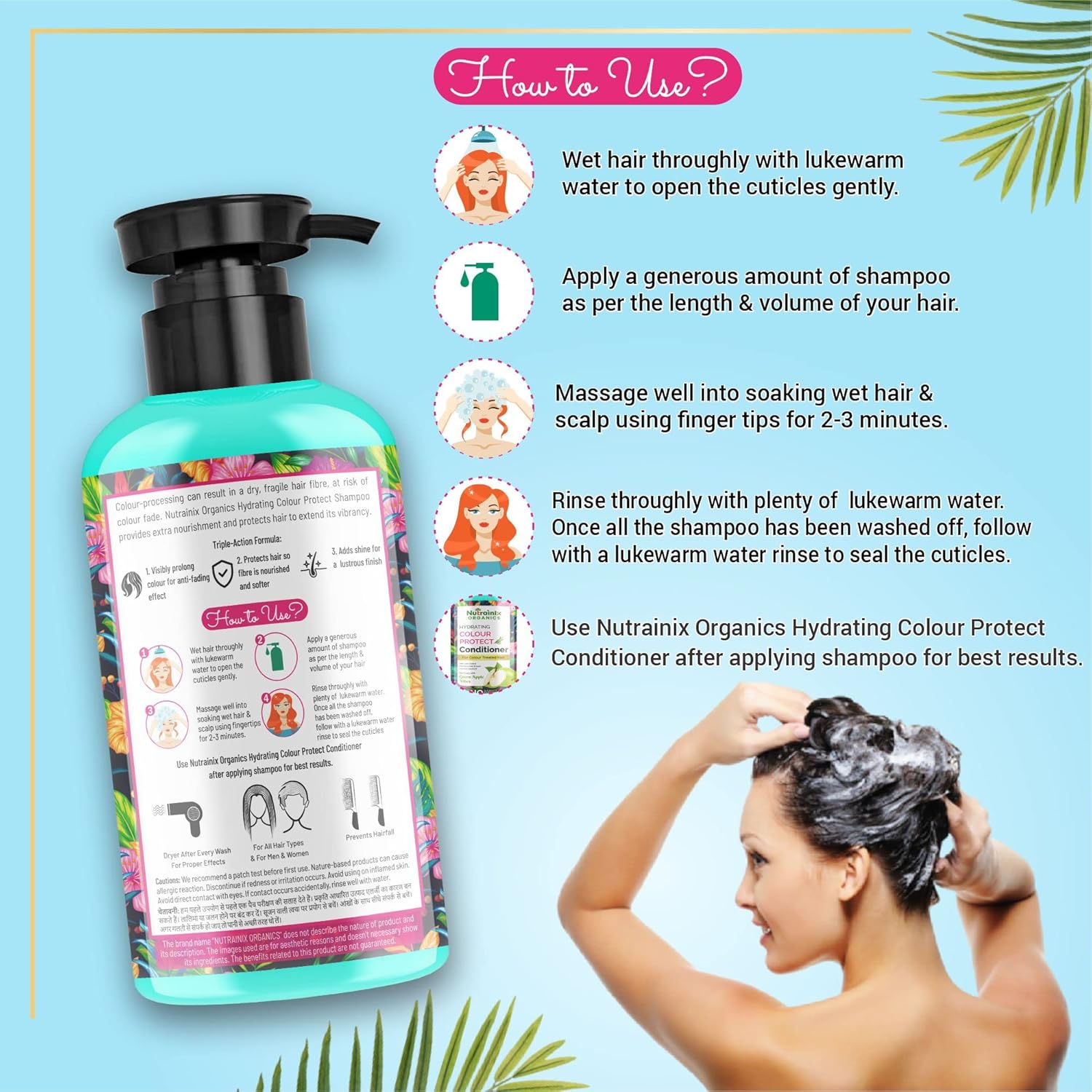 Nutrainix Organics Hydrating Colour Protect Shampoo with Green Apple Vibes | Shampoo for Coloured Hairs Growth | Color Protecting Shampoo - 300Ml image number 6