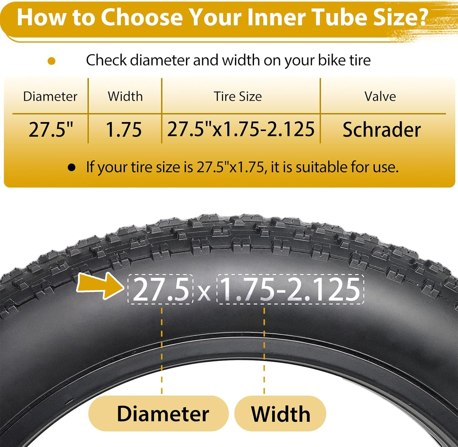 2 Pack 27.5 Inch Bike Tube, 27.5" Bicycle Tube for 27.5 X 1.75/1.9/1.95/2.0/2.1/2.125 Tire, Butyl Rubber Inner Tube with 2 Tire Levers for Mountain MTB Bike image number 1