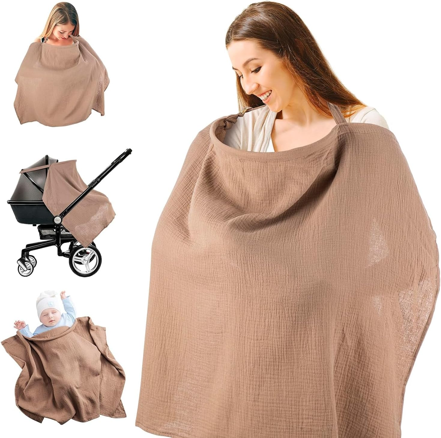 ZONEY Nursing Covers for Breastfeeding, Breathable Breast Feeding Cover up with Wire Hoop for Mom Women, Baby Essentials Privacy Nursing Poncho Shawl,Multi Use Car Seat Stroller Cover (Brown) image number 5