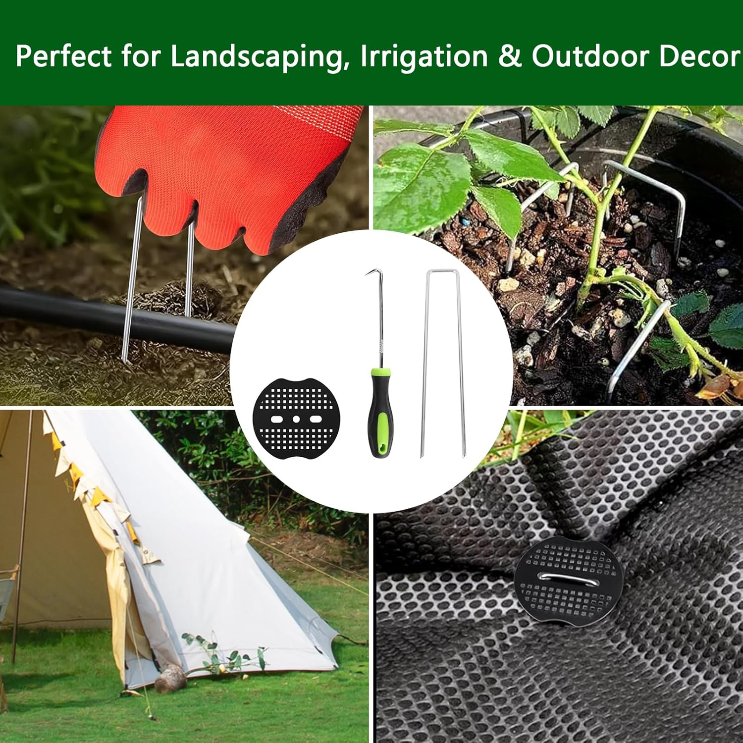 Garden Stakes, 6 Inch 11 Gauge 100Pcs Galvanized Landscape Staples + 100Pcs Plastic Gaskets + 1 Pick Hook, Heavy Duty Sod Pins Landscape Pins Lawn Stakes for Weed Barrier Fabric, Ground Cover, Fence image number 6