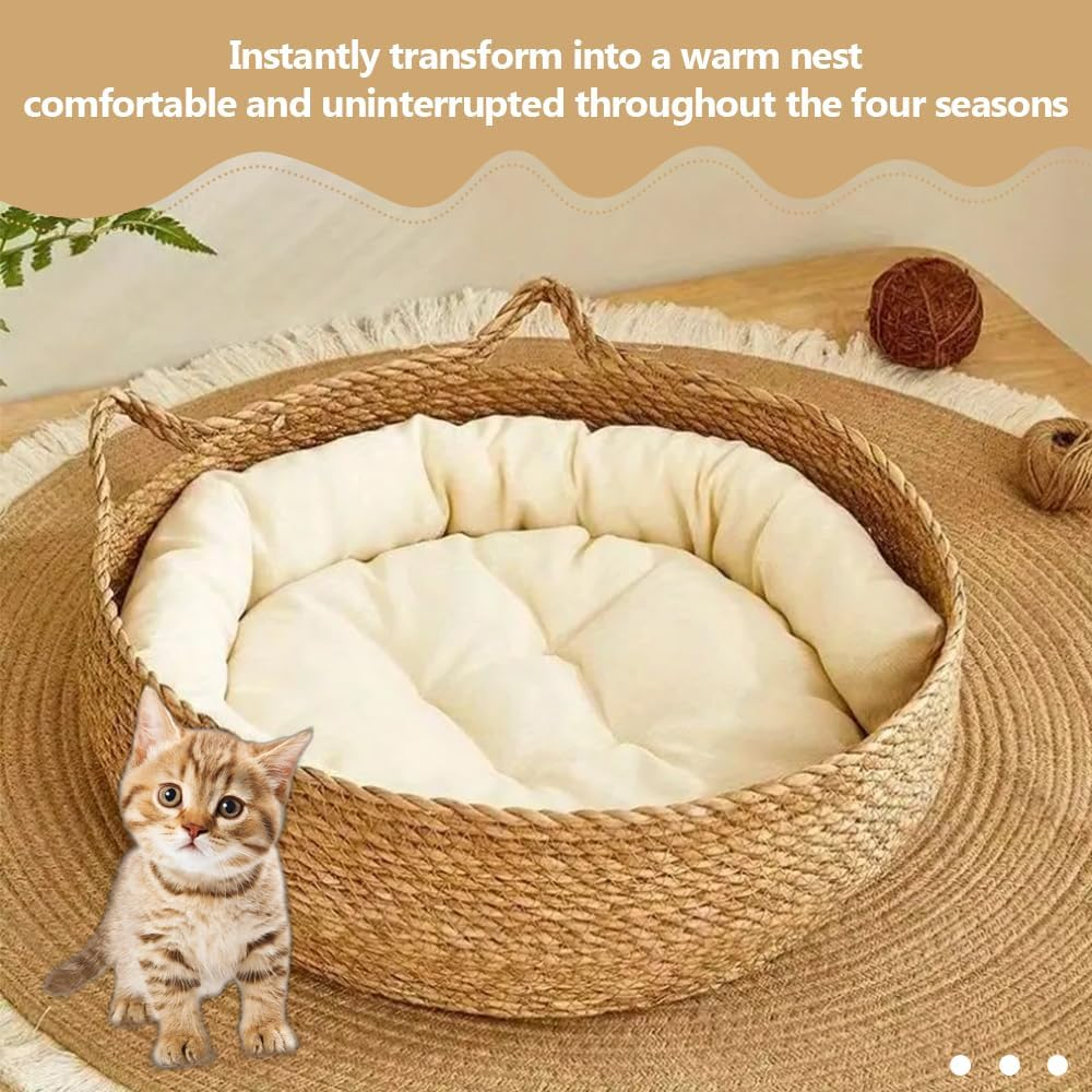 Handmade Woven Straw Cat Bed, Natural Cattail Leaf Nest with Soft Removable Cushion, round Basket Pet House for Cats, Kittens, Small Dogs and Rabbits image number 4