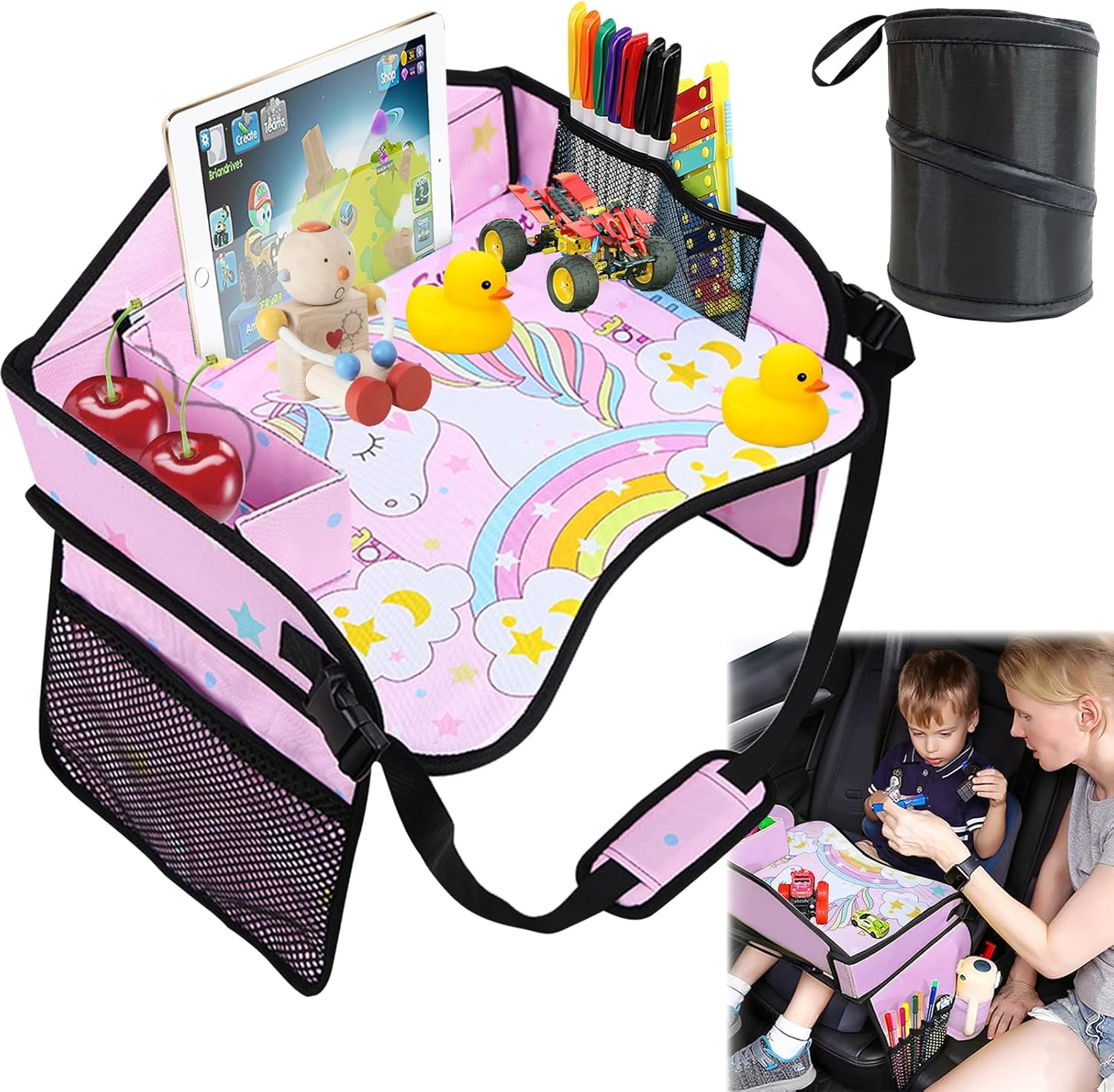 Kids Car Seat Organizer Travel Tray, Toddler Car Seat Play Tray Organizer, Portable Large Multifunction Backseat Tray Table Holder, Drawing, Food & Snack Lap Tray Carseat for Child (Pink)