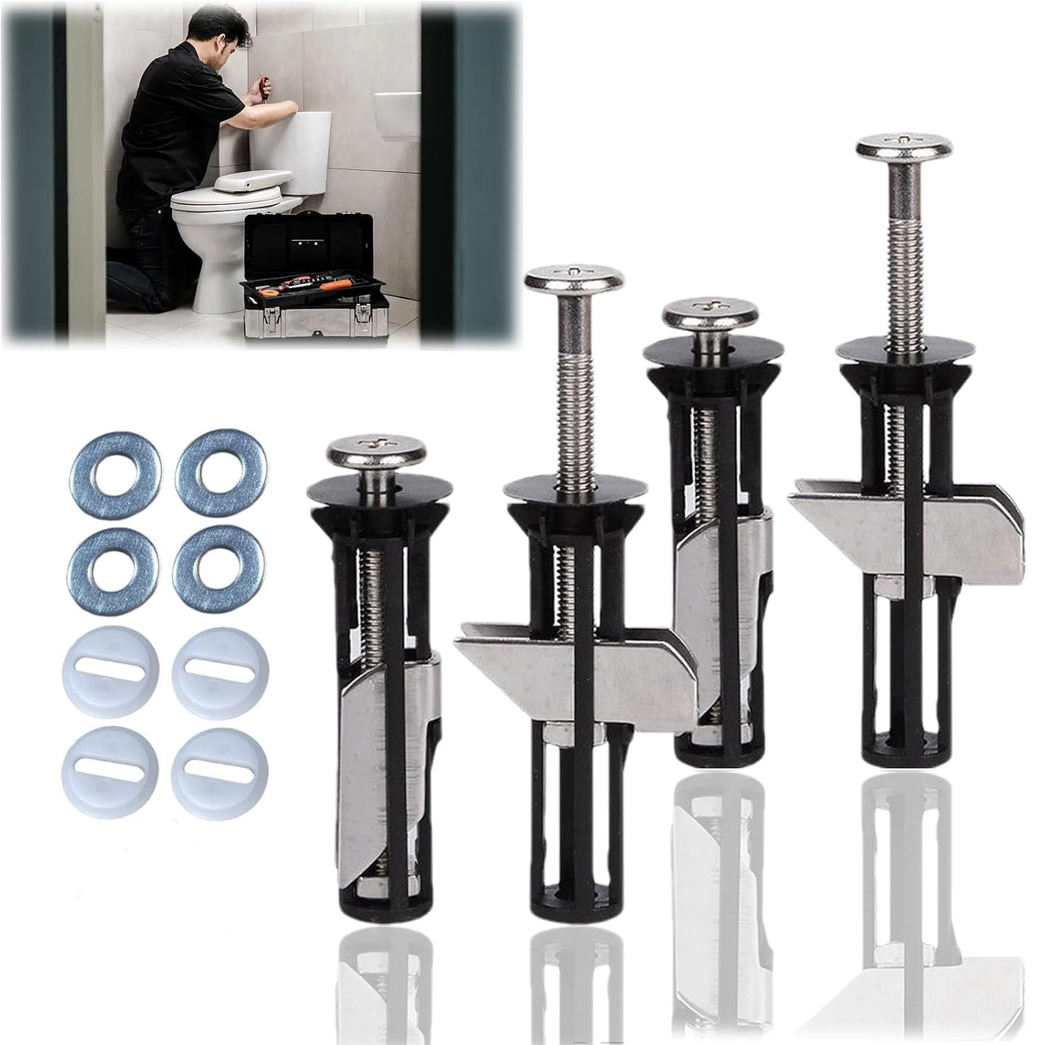 4 Pack Toilet Seat Screws Replacement Kit, Funcyboo Universal Toilet Seat Screws Heavy Duty Toilet Seat Fastener with Nuts and Metal Washers Toilet Hardware Replacement for Top Mount Quick Release image number 1