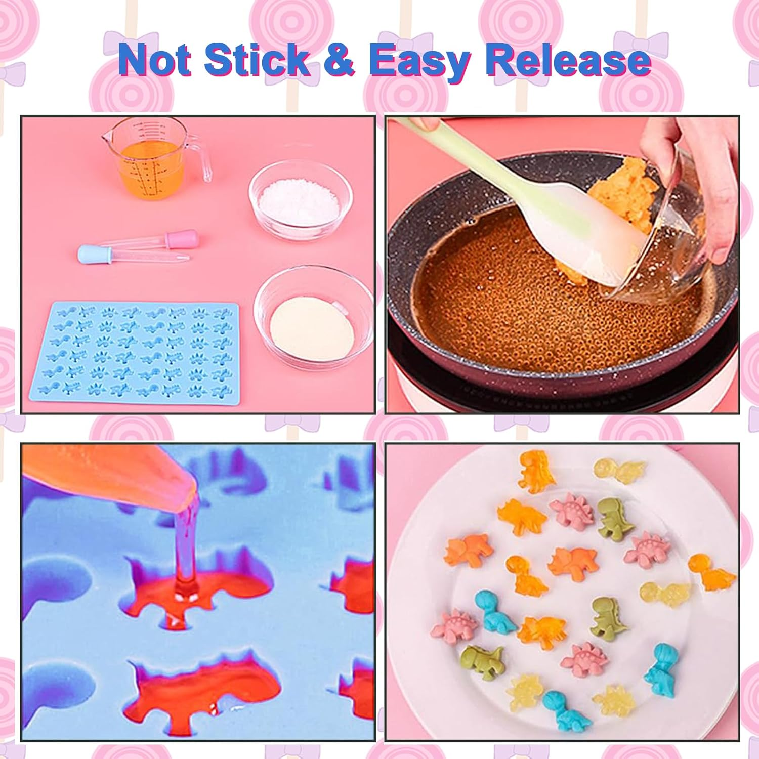 4 Pack Gummy Bear Candy Molds Silicone, Gummy Molds with 2 Droppers, Non-Stick Silicone Candy Molds Including Mini Dinosaur, Bear Shape, Hearts and Mini Donut image number 1
