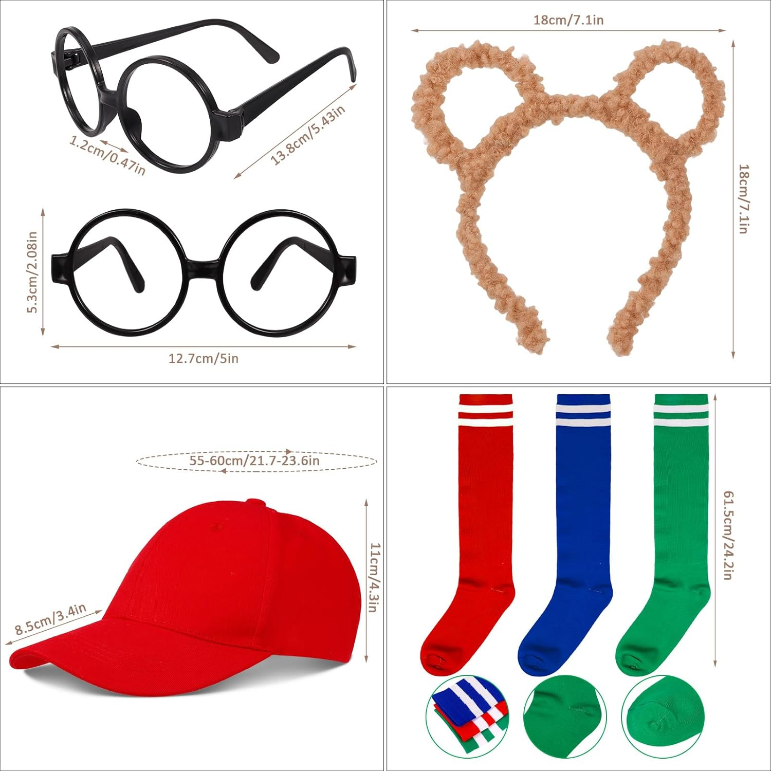 8 Pcs Chipmunks Costumes Set Include 3 Pcs Chipmunk Ears Headband,3 Pairs Soccer Socks,1 Piece Black round Frame Glasses and 1 Red Cap for Adults Teens World Book Day Party image number 6