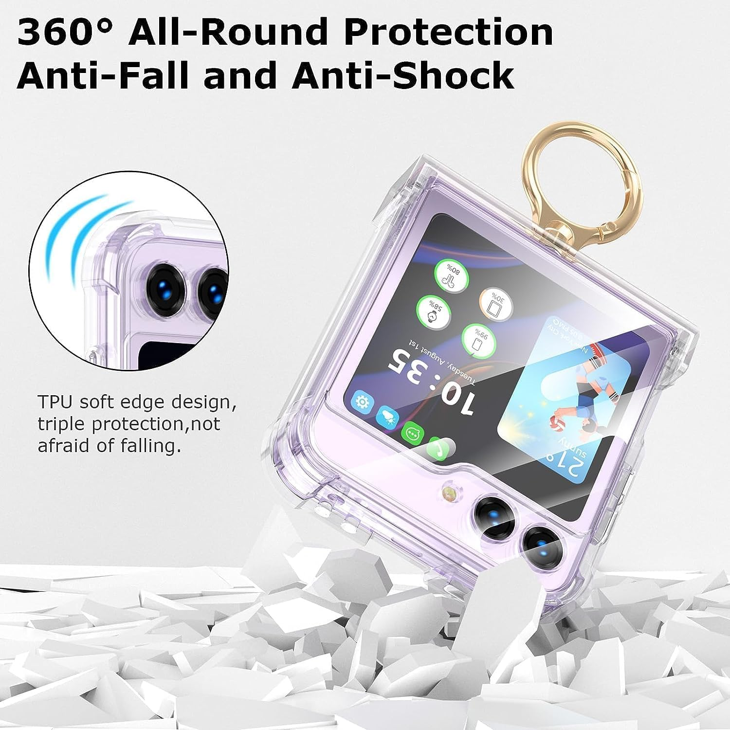 ELEPIK for Samsung Flip 5 Case with Hinge Protection, Samsung Galaxy Z Flip 5 Case with Ring Kickstand [Back Window Screen Protector] Protective Cover for Samsung Galaxy Z Flip 5 5G, Clear. image number 6