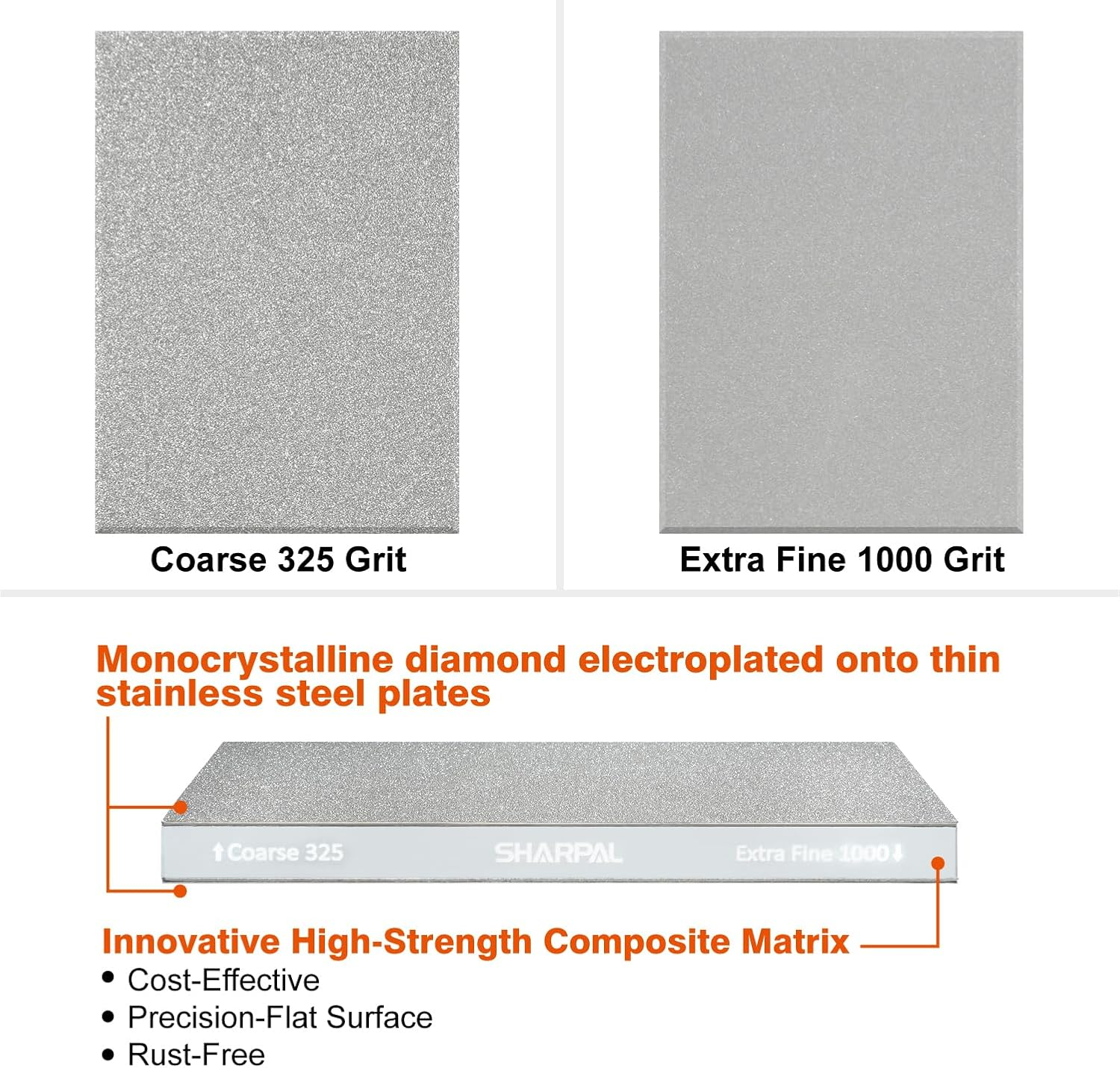 SHARPAL 168H Large 8" X 3" Dual-Grit Diamond Sharpening Stone &ndash; Coarse 325 & Extra-Fine 1000 Grit Monocrystalline Diamond Whetstone, Professional Knife Sharpener with Anti-Slip Pad and Angle Guide image number 1