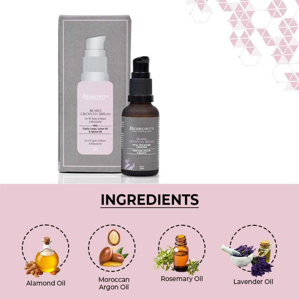 BERKOWITS HAIR & SKIN CLINICS Beard Growth Serum for Men | Promotes Beard Growth | Reduces Patchiness | with Capila Longa, Lemon Oil & Apricot Oil | Alcohol Free | 30Ml image number 2