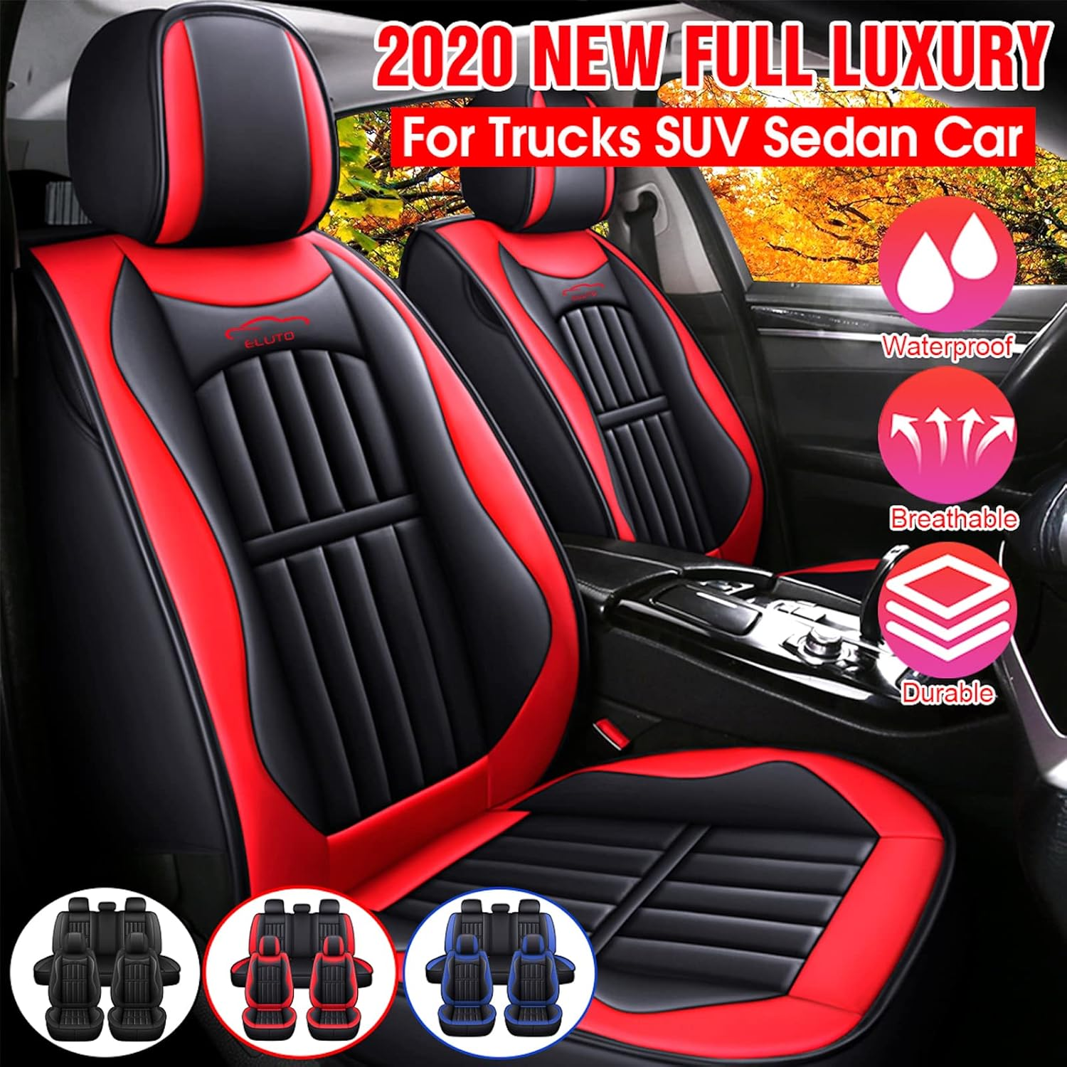 5X Car Seat Covers Universal PU Leather Cushion Non-Slip Padded Mat Full Set (Black) image number 4
