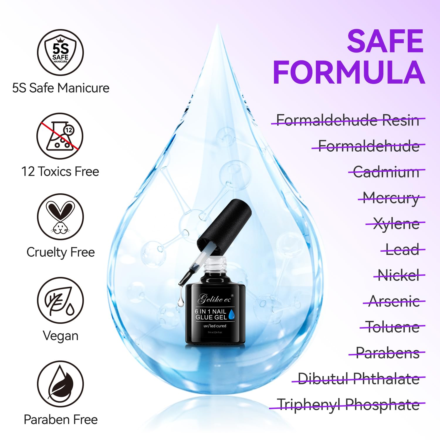 Gelike Ec Gel Nail Glue - 6 in 1 UV Nails Glue Base Coat for Nail Tips, Strong Adhesive for False Nails, Acrylic Tips, Press on Nails