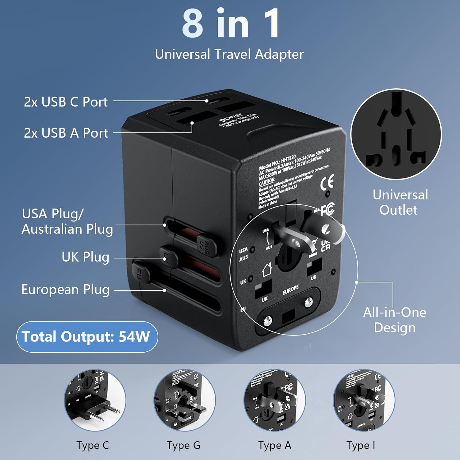 Universal Travel Adapter Worldwide, 54W International Power Adapter with 2 USB-A and 2 USB-C Ports,All-In-One Fast AC Wall Charger Outlet Wall Charger for USA Europe UK EU AUS (Type C/G/A/I),Black image number 6