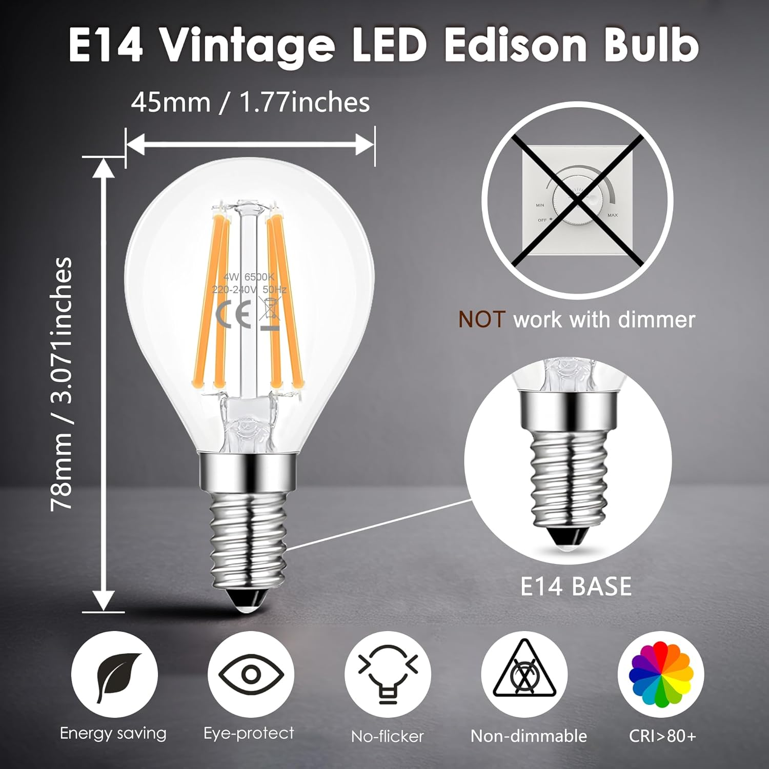 FTL E14 LED Bulb Small Edison Screw,G45 4W Vintage Edison LED Golf Ball Bulb 6500K Cool White,400Lm 40W Equivalent Non-Dimmable SES Clear Galss LED Globe Filament Bulbs,Pack of 6 image number 5