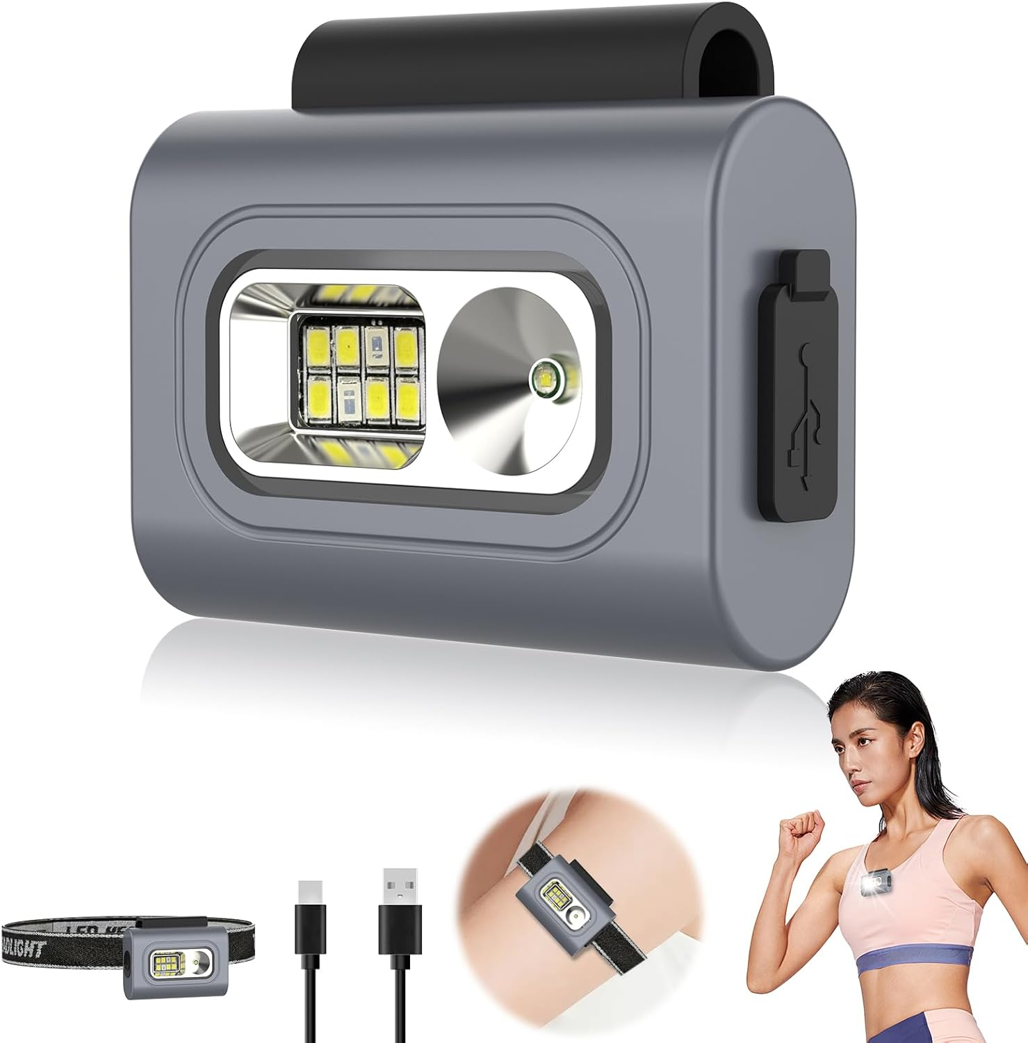 LED Running Flashlight, Geeric Flashlight Hands-Free Clip Magnetic 6 Modes Head Torch Rechargeable Lightweight Waterproof Headlight Portable Headlamp for Outdoor Adventures Night Fishing Repairworker