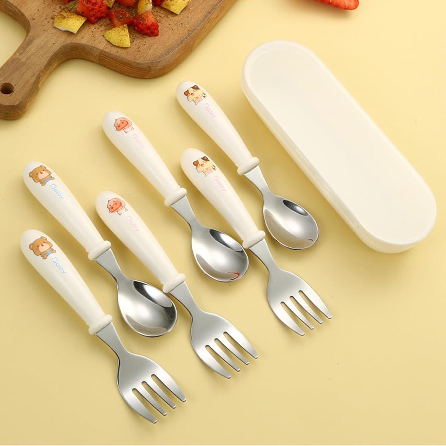 Yeanifeana Stainless Steel Fork and Spoon Set with Travel Case, Durable, Dishwasher Safe Utensils Perfect for Learning to Use (Bear) - Bear image number 6
