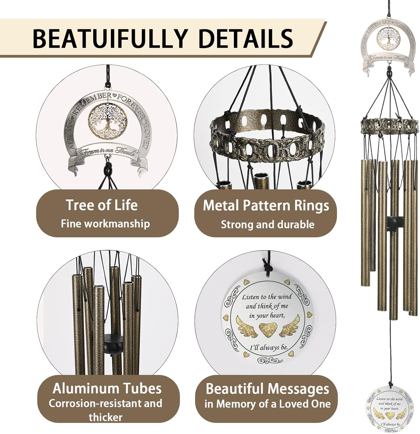 Memorial Wind Chimes with Tree of Life,Sympathy Wind Chimes for Loss of Loved One,Windchimes in Memory of a Loved One,Memorial/Sympathy/Remembrance Gifts,Wind Chimes for outside Garden & Home Decor image number 3