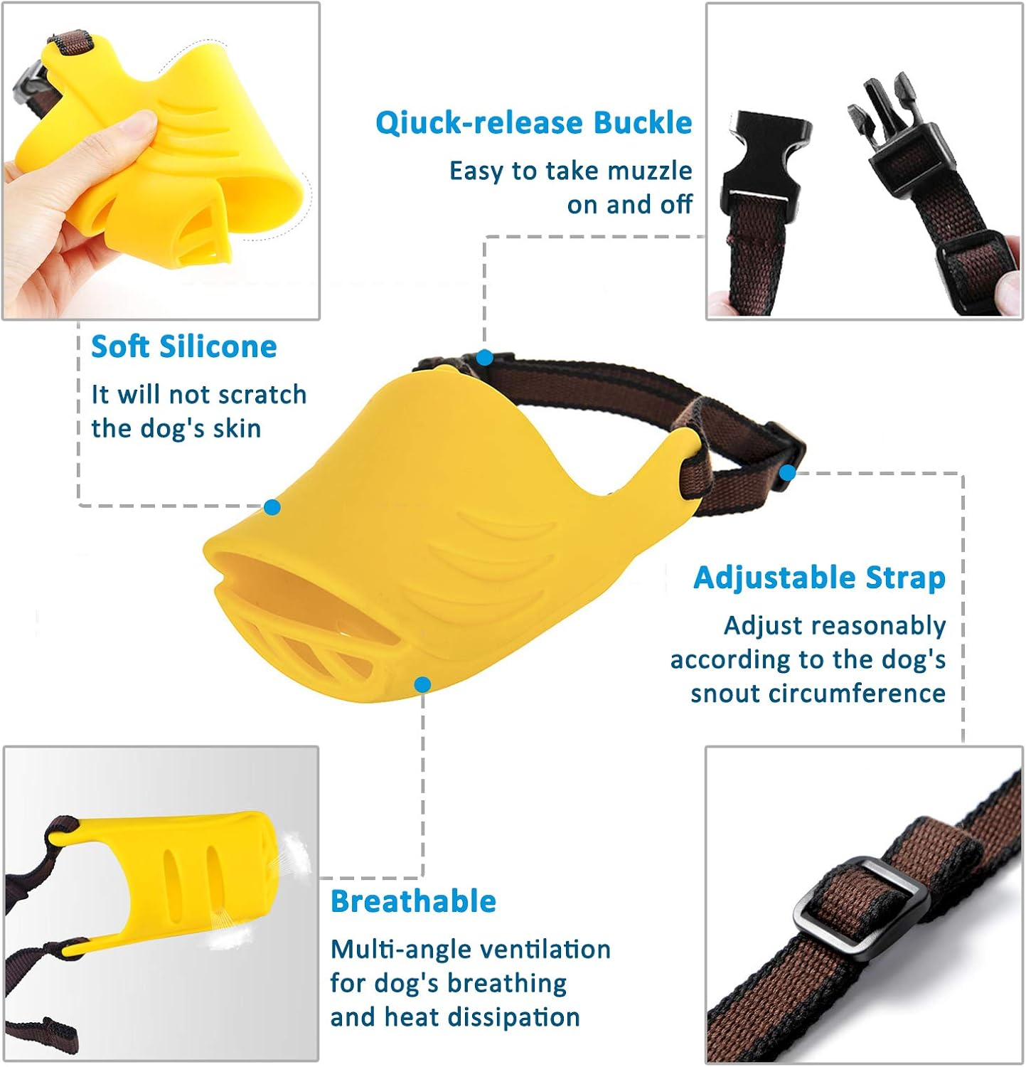 Dog Muzzle, Soft Duck Silicone Mouth Cover with Adjustable Strap for Small Medium Dogs, Best to Prevent Barking, Biting, and Chewing(Yellow,L) image number 2