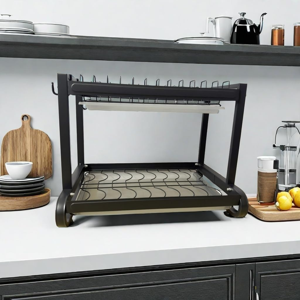 2-Tier Dish Drying Rack with Drainer Board, Rustproof Dish Drainer with Cutlery Utensil Rack & Holders for Kitchen Storage & Organisation, Black