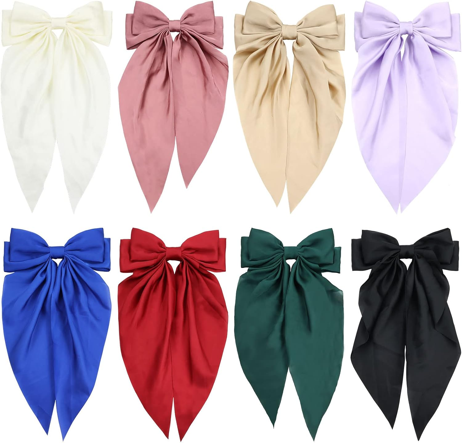 Yoosit 8 Pack Satin Big Large White Pink Red Blue Black Ribbon Hair Bows for Women Oversized Giant Bow with Long Tail Clips Bowknot French Barrette Girl Bun Ponytail Holder Accessories, 8.0 Count