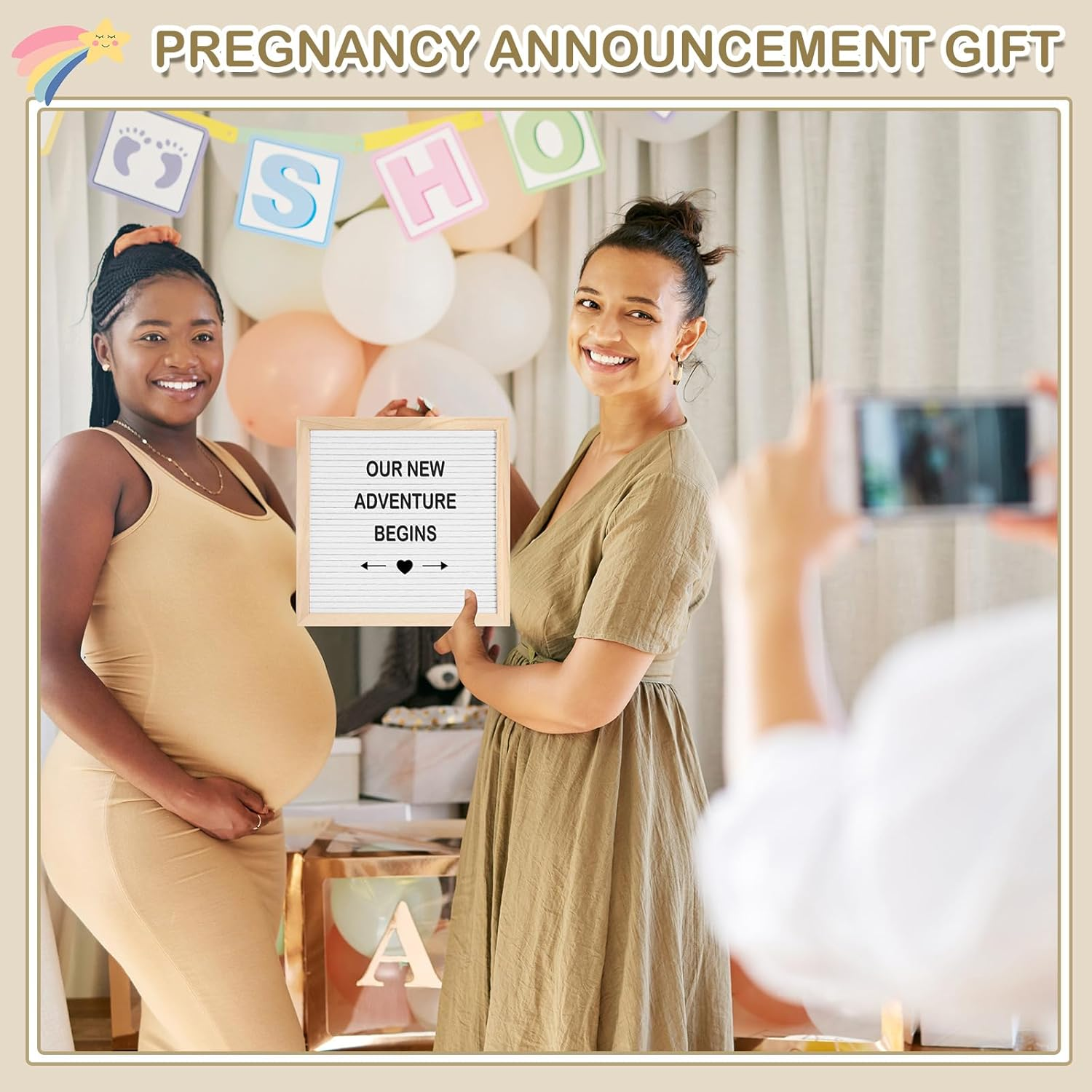 9 Pcs Pregnancy Announcement Set Pregnancy Reveal Ideas Felt Letter Board Baby Bodysuit Baby Booties Photo Frame Bear Plush Baby Wood Blocks for Coming Soon Baby Announcement (White,Bright) image number 5