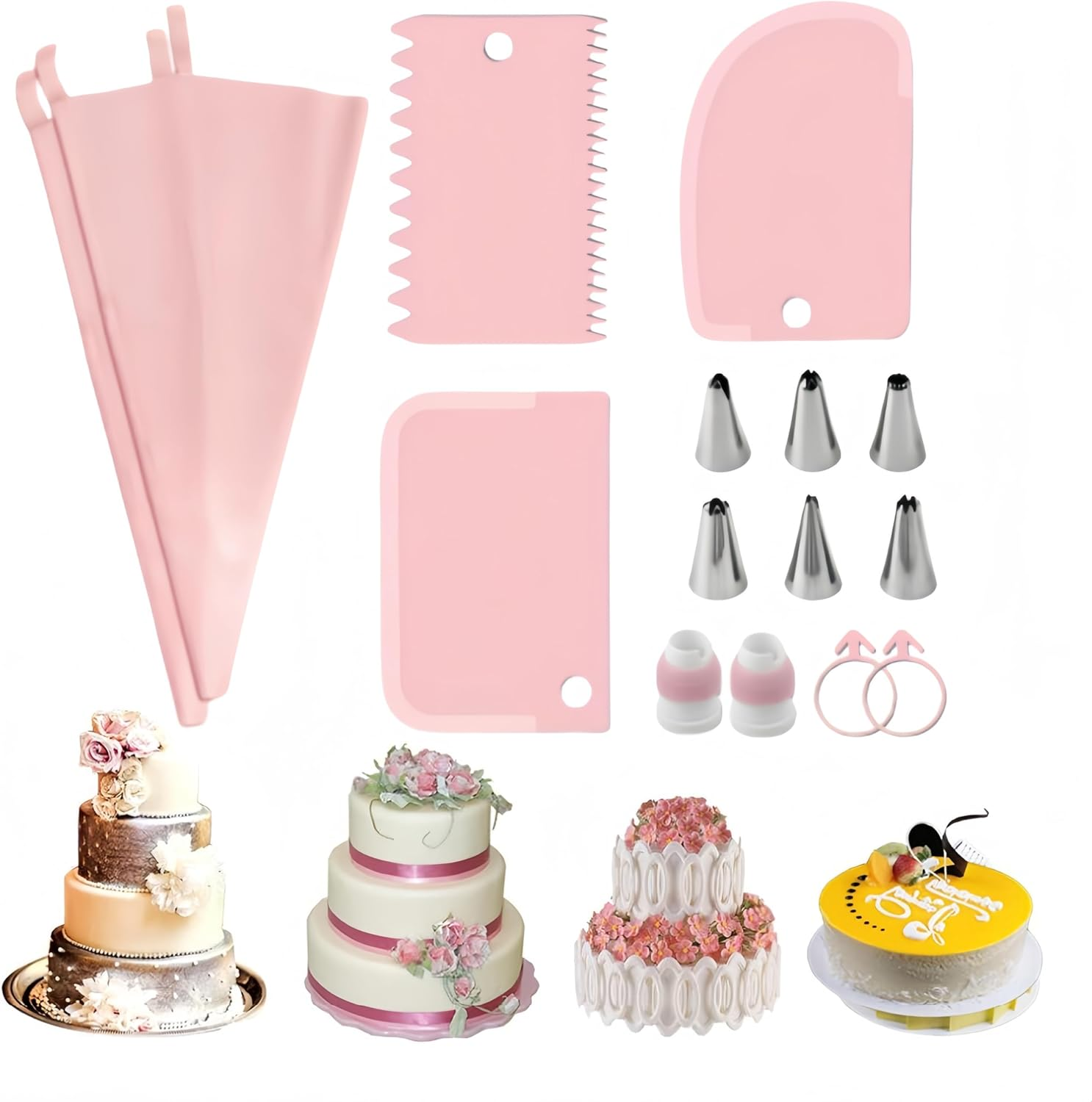 Piping Bags, Piping Bags and Nozzles, Icing Piping Kit,Nozzles Set with Converter, Premium Stainless Steel Piping Nozzles for Decorating Cakes & Cupcakes(15Pcs Pink) image number 2