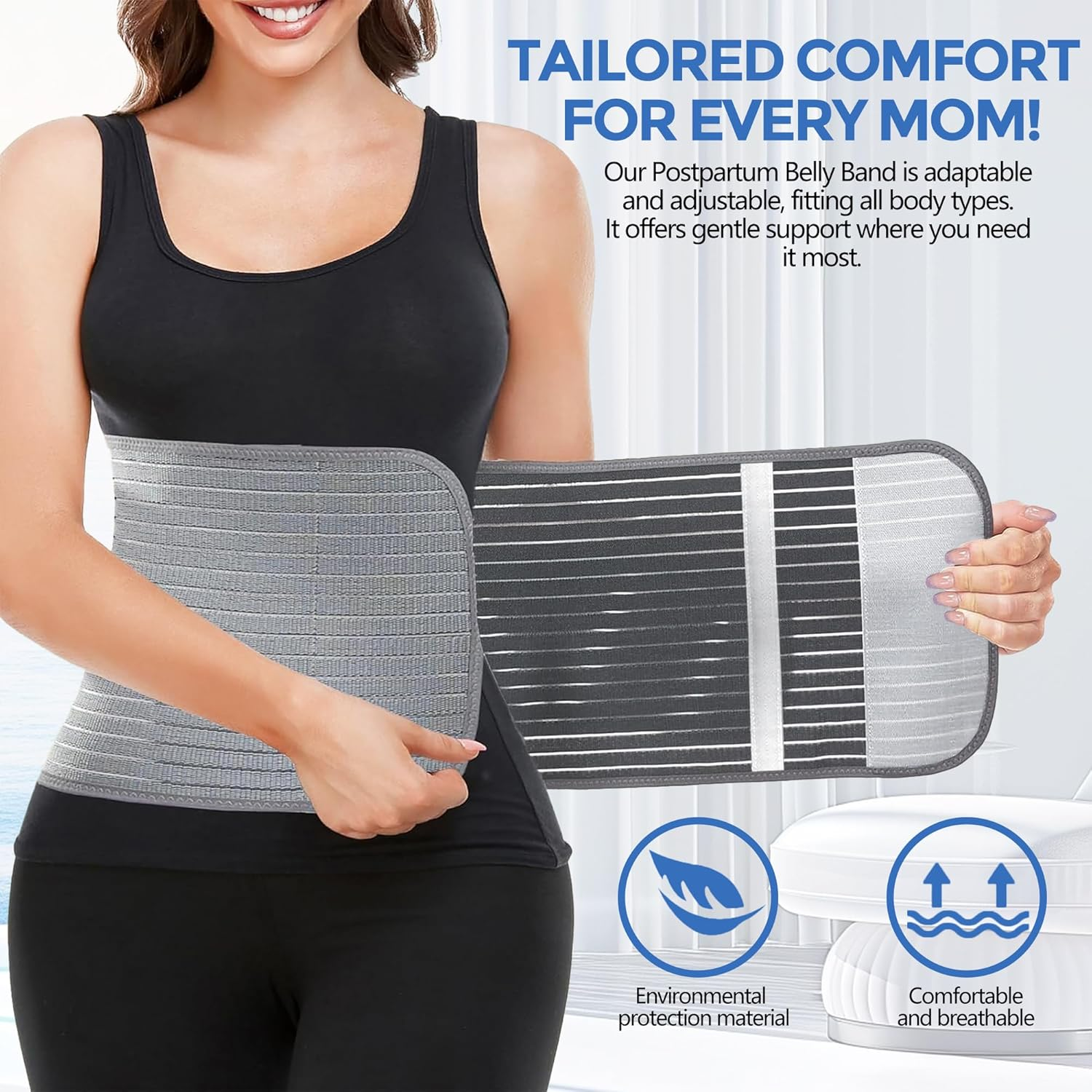 Postpartum Belly Band & Abdominal Binder - Adjustable Waist & Pelvis Support for Back Pain, Hernia & C-Section Recovery - 9.5" Bamboo Charcoal Compression Wrap image number 4