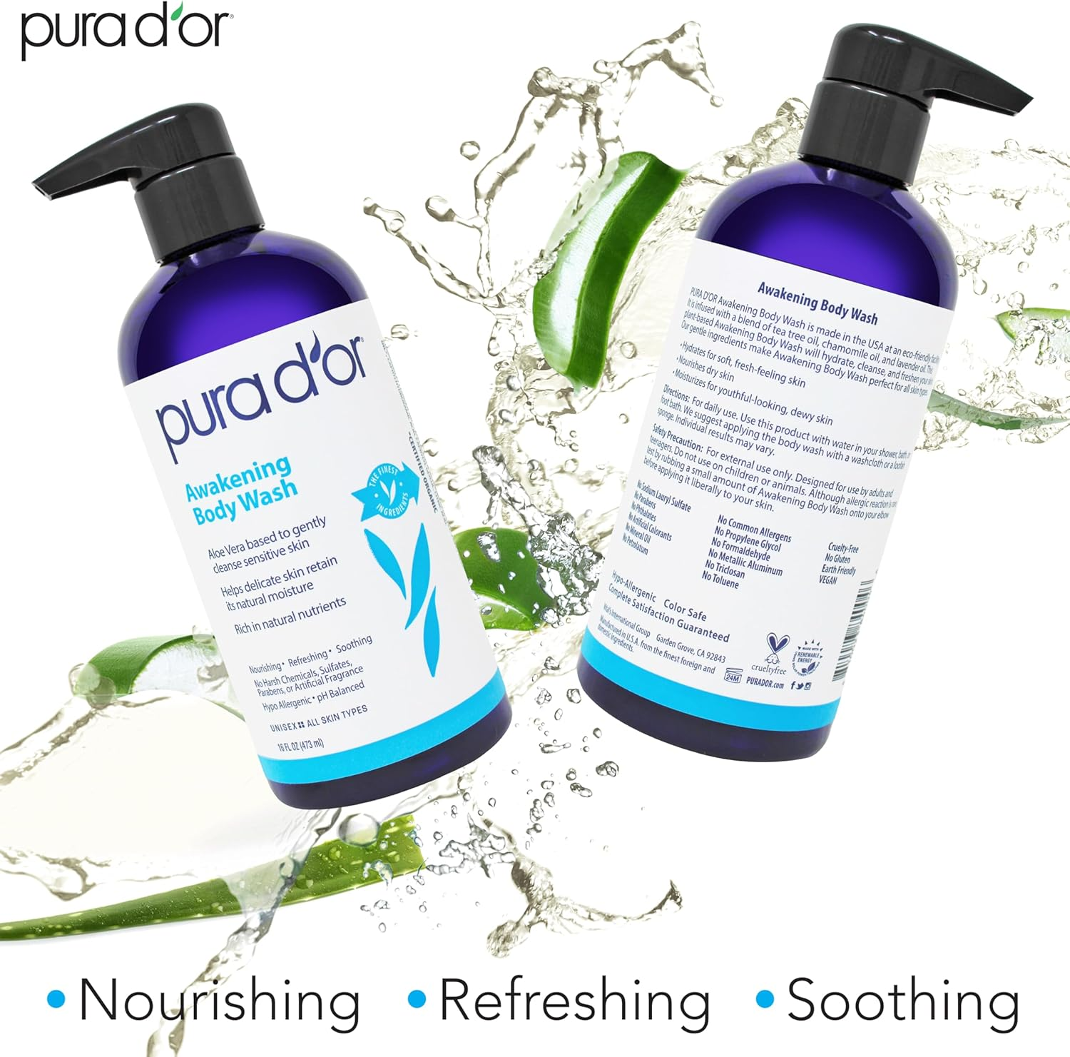PURA D'OR Awakening Body Wash (16Oz) with Aloe Vera, Chamomile, Lavender, Tea Tree and Natural Nutrients - Ph Balanced for Moisturized Soft, Fresh-Feeling Skin, All Skin Types, Men & Women image number 2