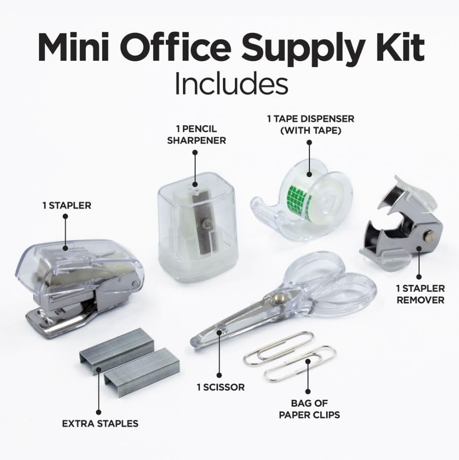 LD Products Clear Mini Office Supply Kit Portable Case with Scissors, Paper Clips, Tape Dispenser, Pencil Sharpener, Stapler & Staple Remover image number 4