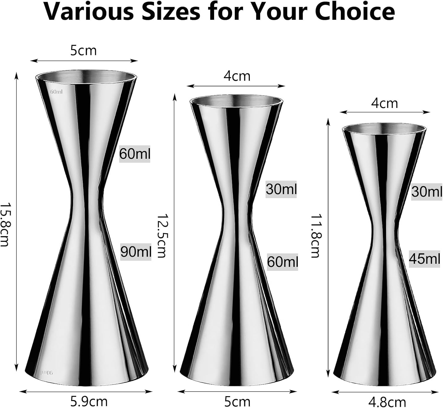 Cocktail Measuring Cup, Cocktail Jigger for Bartenders, Double Jigger with Inner Scale 60/90 Ml, Integrated Scales 304 Stainless Steel Measuring Cup, Bar Measure Dual Spirit Measure Cup, for Bars and Homes image number 3