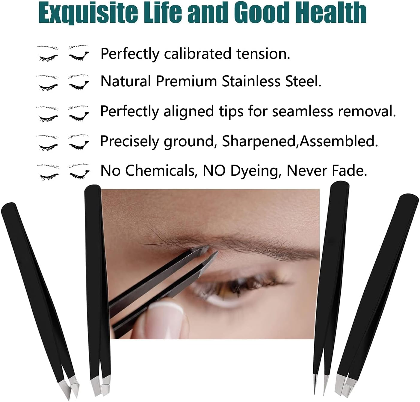 Professional Precision Tweezer Set 4 Types (Pointed, Hooked, Slanted, Straight), Stainless Steel Eyebrow Tweezers with Sharp Tight Bite, Eyelash Tweezers for False Eyelashes Fine Hair Removal (8PCS) image number 6