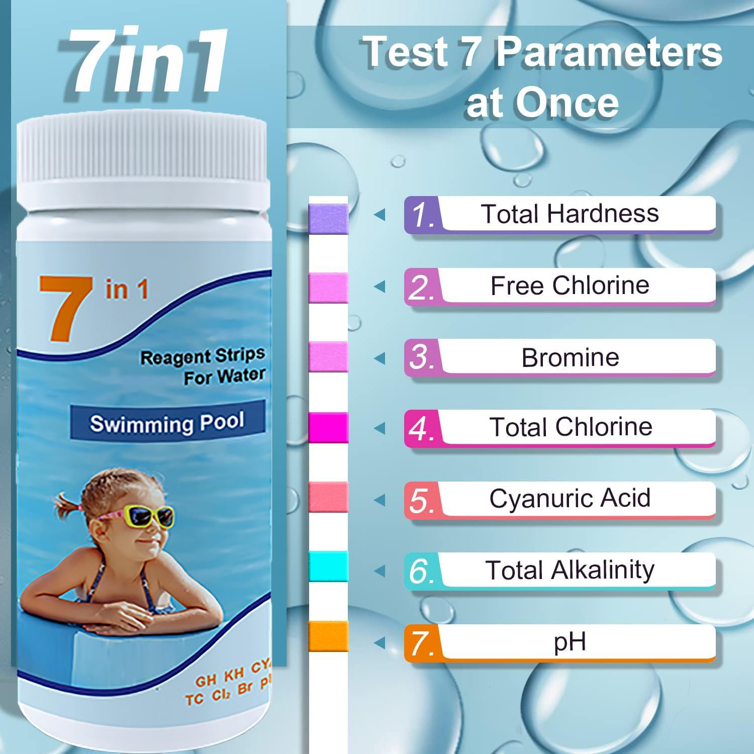 Pool and Spa Test Strips, 7 in 1 Quick Super Accurate Swimming 100 Strips Pool Test Kit - Hot Tub Test Strips & Pool Water Testing Strips for Ph Chlorine Bromine Hardness Alkalinity Cyanuric Acid image number 4