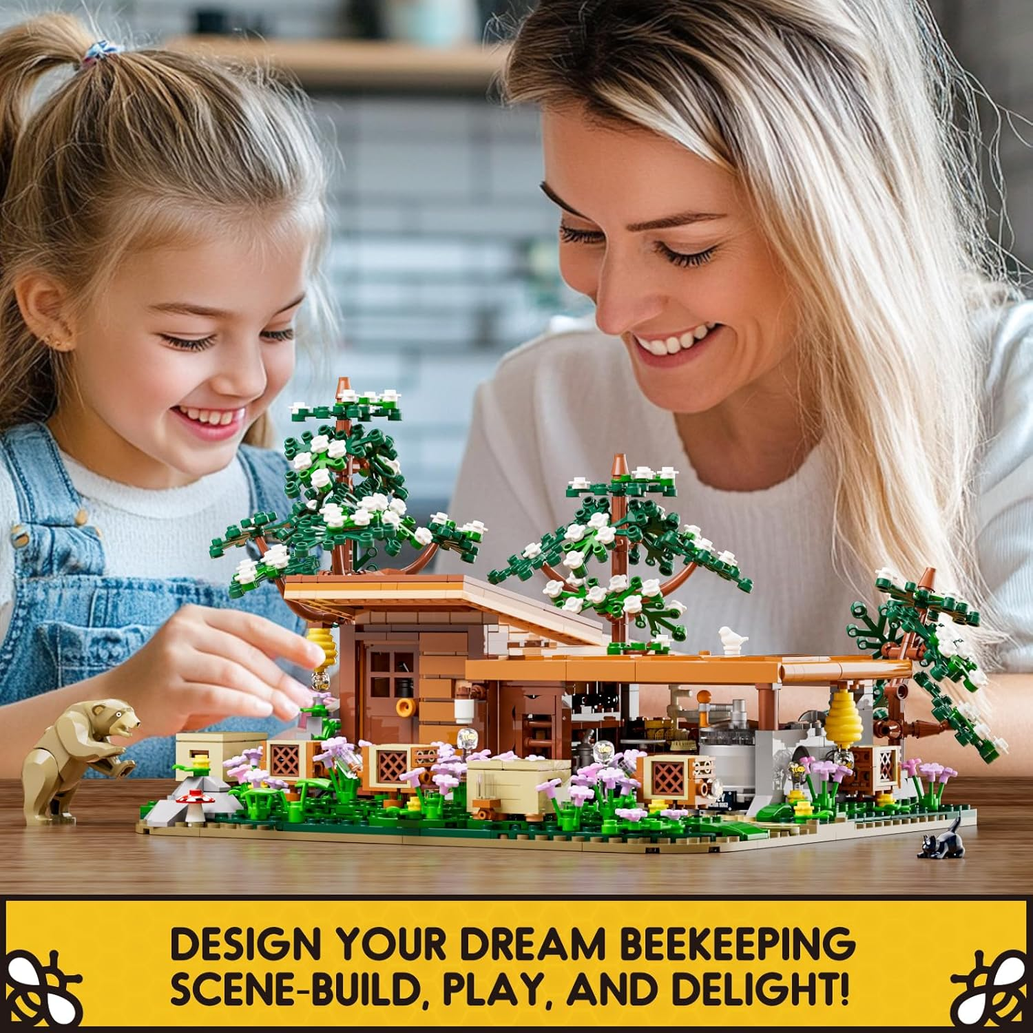 FUNWHOLE Bee-Farm Lighting Building-Bricks Set - Farm Bee Cottage Honey Workshop Collection LED Light Building Set 1274 Pcs for Adults and Teen image number 3
