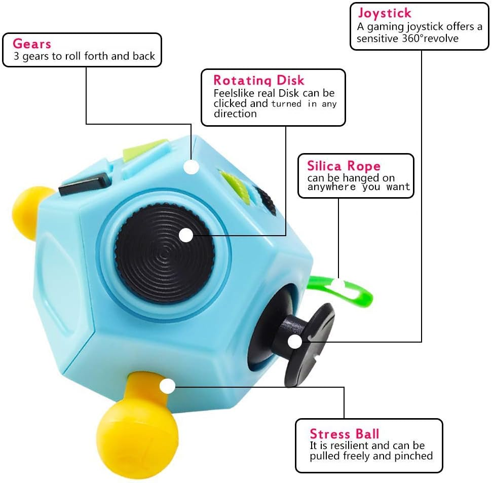 12 Side Fidget Cube,Fidget Toys Cube Relief Stress and Anxiety Depression anti for Kids and Adults with ADD, ADHD, OCD, Autism (Blue, Normal) image number 2