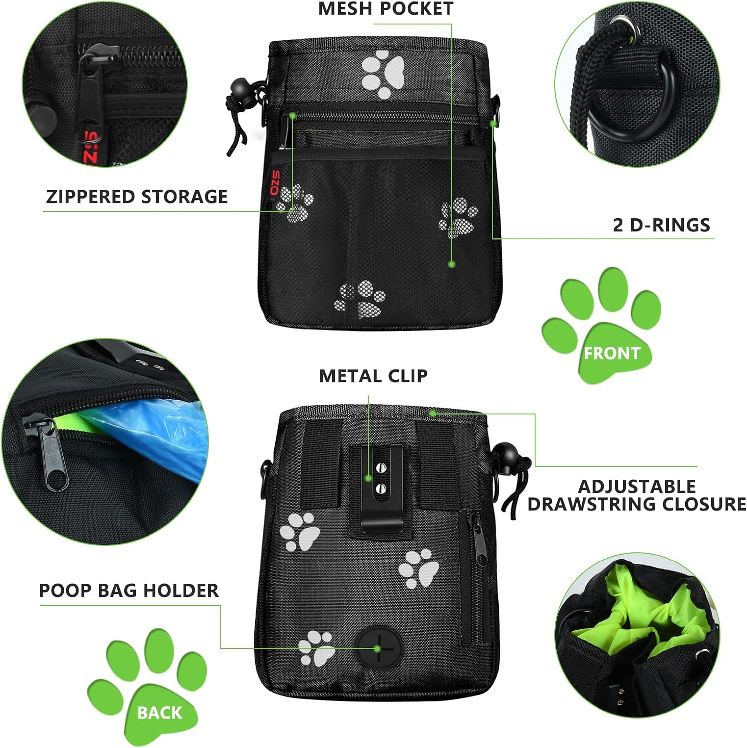 SZO Dog Treat Pouch - 3 Ways to Wear, 2-Piece Clicker Training Kit, High-Capacity, Multi-Function, Premium Nylon, Paws Pattern
