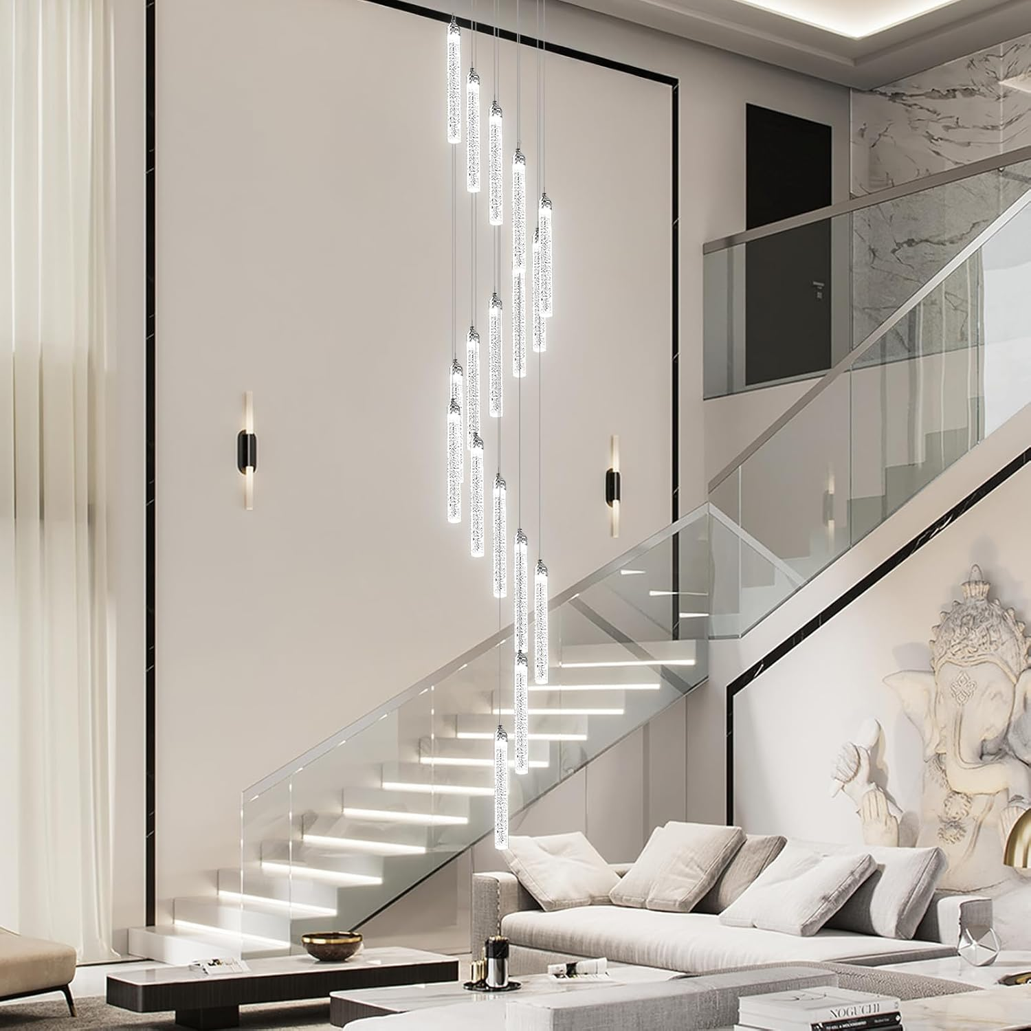 USOR 12-Light High Ceiling Chandeliers LED Modern Silver Crystal Chandelier for Staircase Entryway 3 Colors Dimmable Spiral Large Pendant Light for Luxury Chandelier Living Room Hallway Foyer Lobby