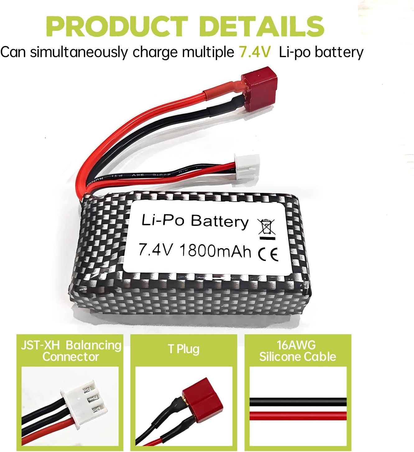 2PCS 7.4V 1800Mah Lithium Battery with 7.4V 2-In-1 Balance Charger for WLTOYS A959-B A969-B A979-B K929-B 144001 Spare Parts for High-Speed Vehicles, Remote Control Drones, Car Models, Ship Models, 25C High-Rate T-Head Lithium Batteries