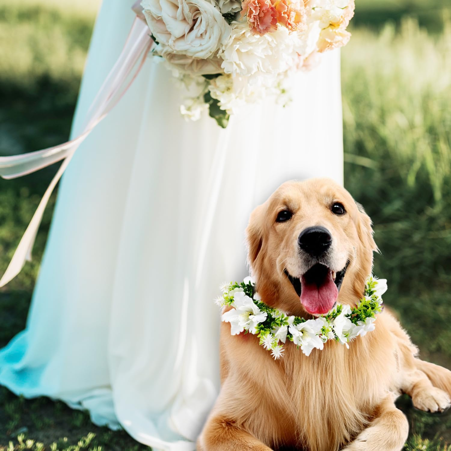 Dog Wedding Flower Crown, Floral Garland Collar Dog Flower Wreath Bow Pet Flower Ring Wedding Attire for Photo Props image number 3