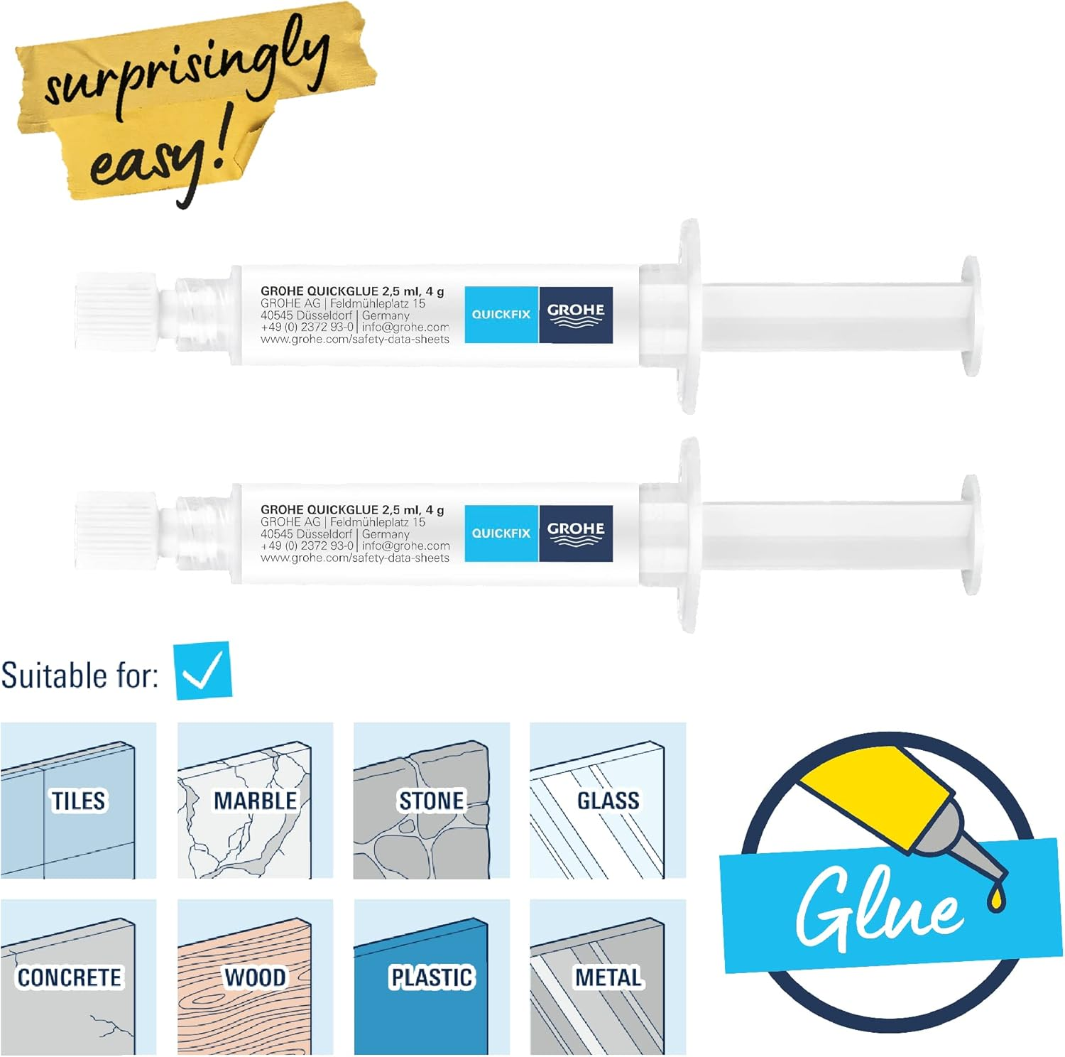 GROHE Adhesive 2 X Bathroom Accessories without Drilling (Suitable for Marble, Tiles, Glass, Plastic, Wood, Metal, Etc., Curing Time 24 Hours, Use 1 Glue per Attachment Point) 2 Pieces, 41128000