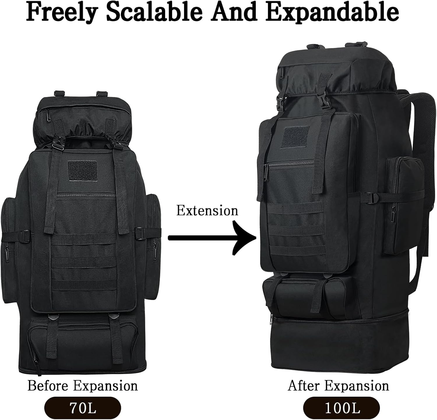 Lizbin 100L Hiking Backpack, Travel Backpack Military Tactical Backpack, Large Hiking Backpack, Travel Backpack for Women Men, Water Resistant Outdoor Sports Backpack, Adjustable Sport Bags (Black) image number 5