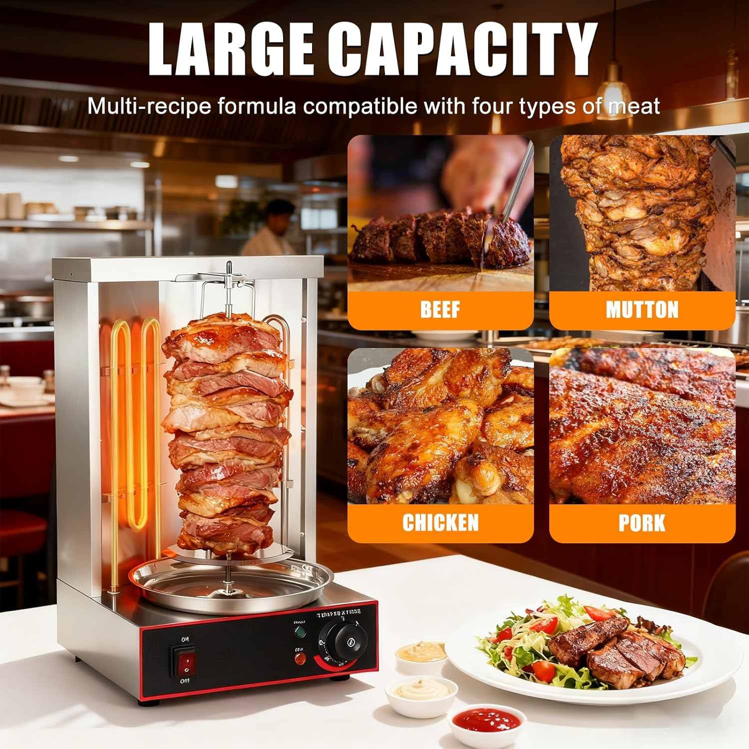 Electric Shawarma Grill Machine, Automatic Rotating BBQ Doner Kebab Grill, Vertical Rotisserie Broiler with 2 Heating Tubes, Gyro Rotisserie Oven with Adjustable Temperature 50-300&deg;C image number 6