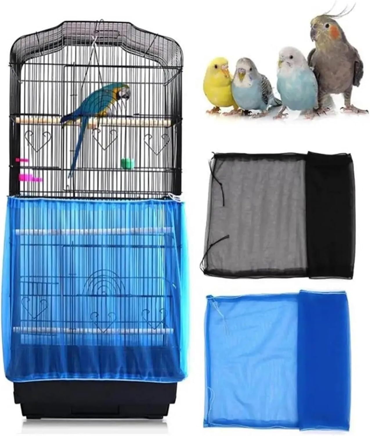Zqnaznfdelarge Bird Cage Cover, Bird Cage Mesh Net Cover 2Pcs Adjustable Elastic Nylon Mesh Birdcage Cover with Drawstring Birdseed Parrot Cage(Blue)