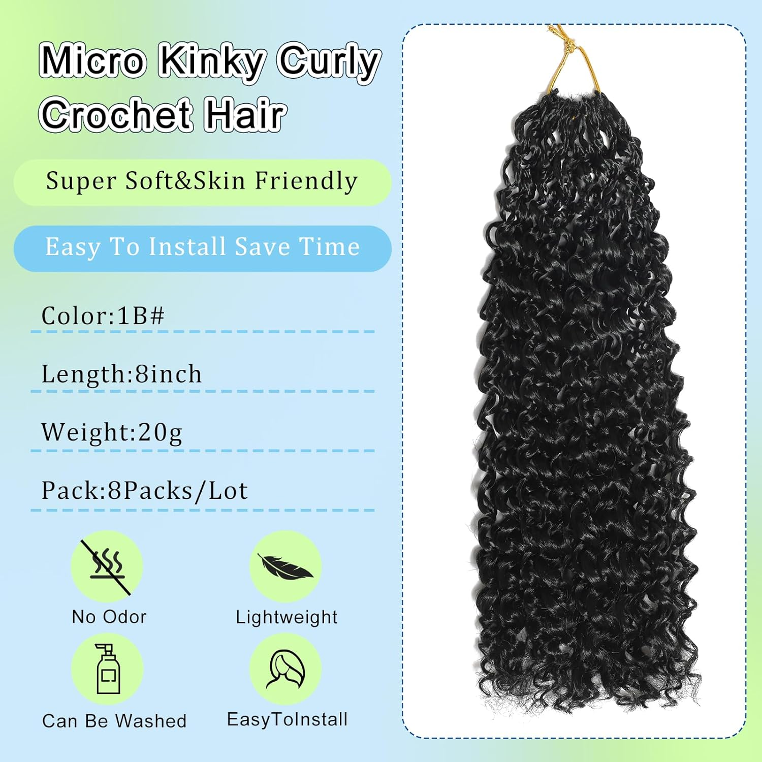 FLWAI Pre Looped Micro Kinky Curly Crochet Hair 8 Packs 8 Inch Yanky Twist Crochet Hair Kinky Twist Synthetic Wavy Curly Crochet Hair Extensions for Black Women (1B, 8Packs 8Inch) image number 3