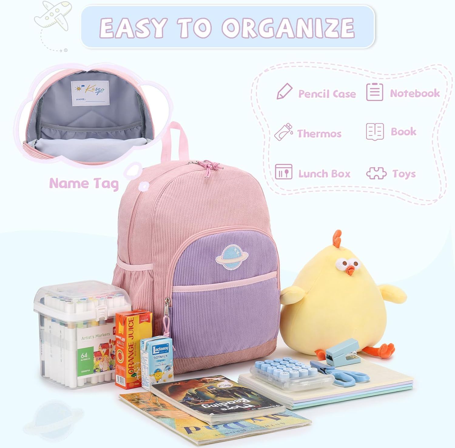 Toddler Backpack, KASQO Cute Lightweight Preschool Backpack Kids Children School Bag for Boys and Girls Kindergarten Daycare Bookbag with Chest Buckle image number 2