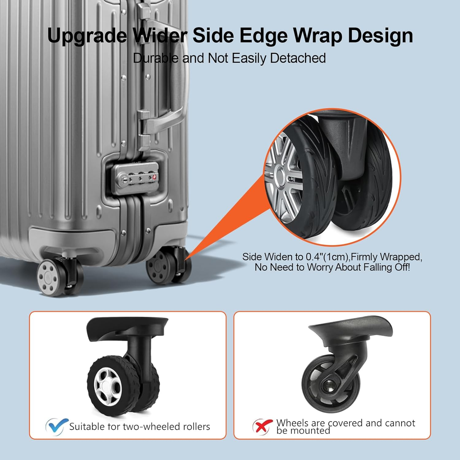 8 Pcs Upgrade Luggage Wheel Covers for Carry-On Suitcases-H HOME-MART Wear-Resistant Trolley Caster Case, Anti-Noise Suitcase Wheel Protectors for 2-2.4" Spinner Wheels (Blue) - Blue image number 5