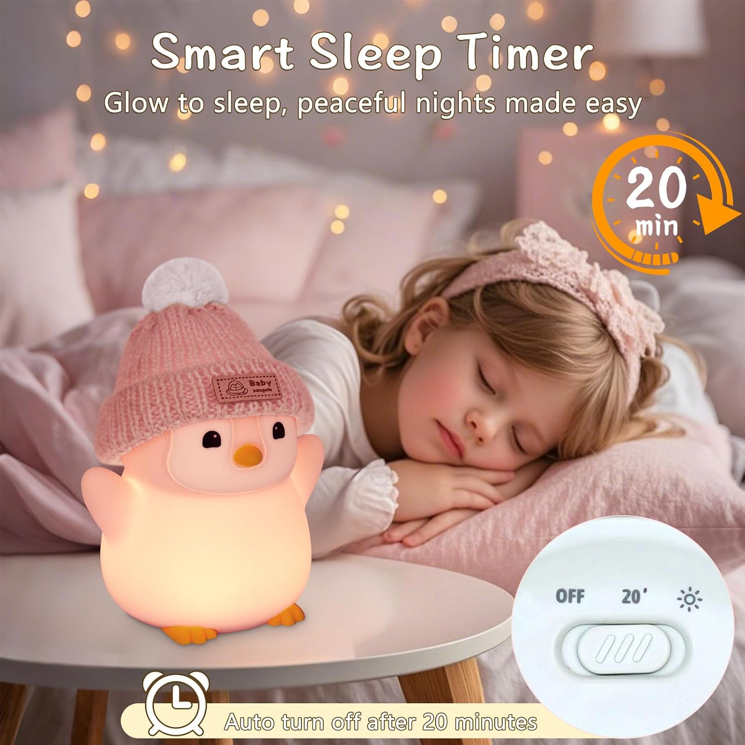 FAMIDUO Penguin Night Light, Cute Pink Penguin Lamp with Knit Hat, Soft Silicone Nursery Nightlight for Baby, Rechargeable/Dimmable/Timer,Led Squishy Novelty Animal Bedside Lamp,Funny Gifts for Kids image number 2