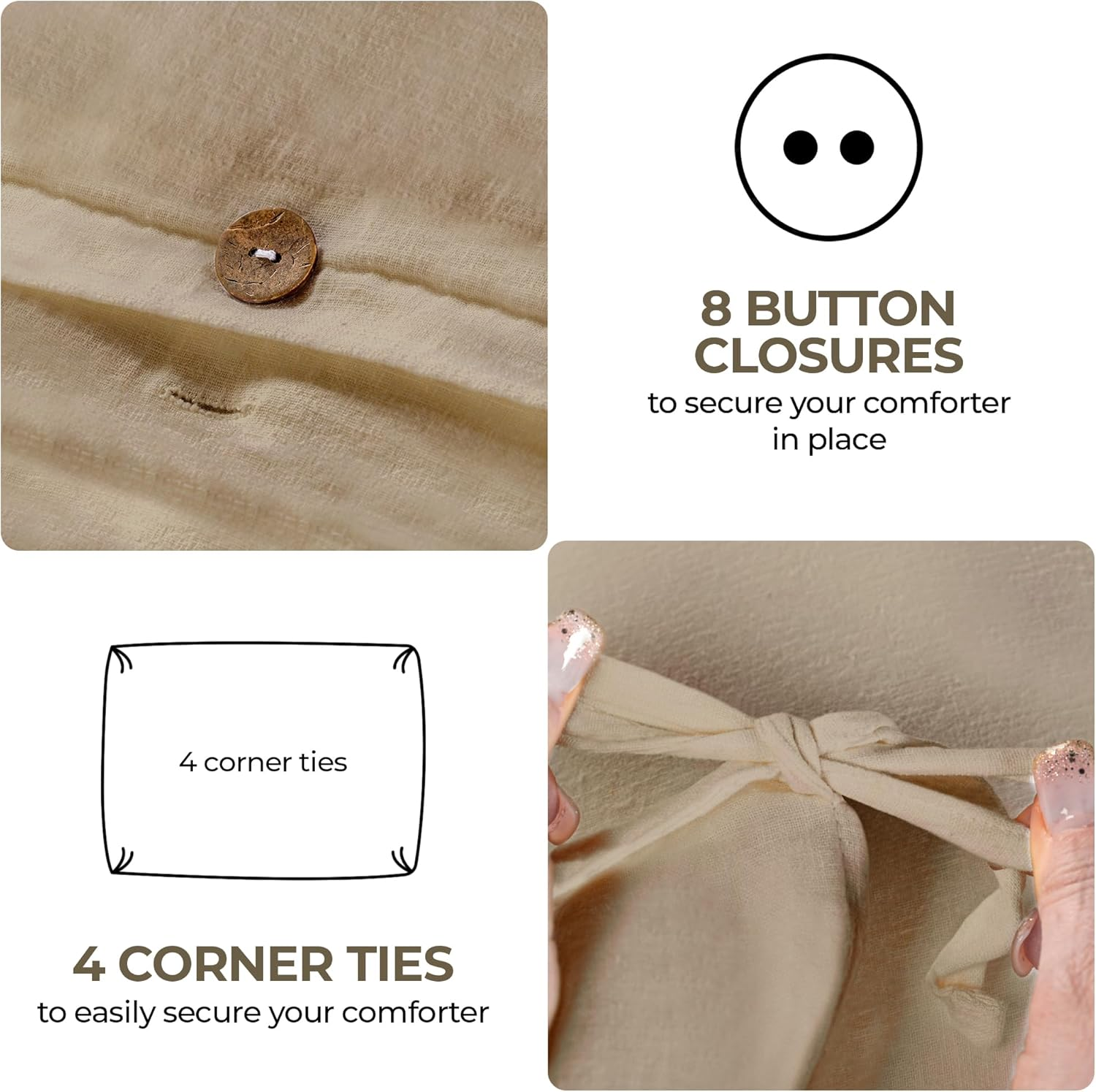 SUPERIOR Cotton Linen Duvet Cover Set, Chic Decor for Bedroom, Includes 1 Duvet Cover with Button Closure, 2 Pillow Shams, Boho Aesthetic Bedding Essentials, Soft, Lightweight, Full/Queen, Tan image number 3