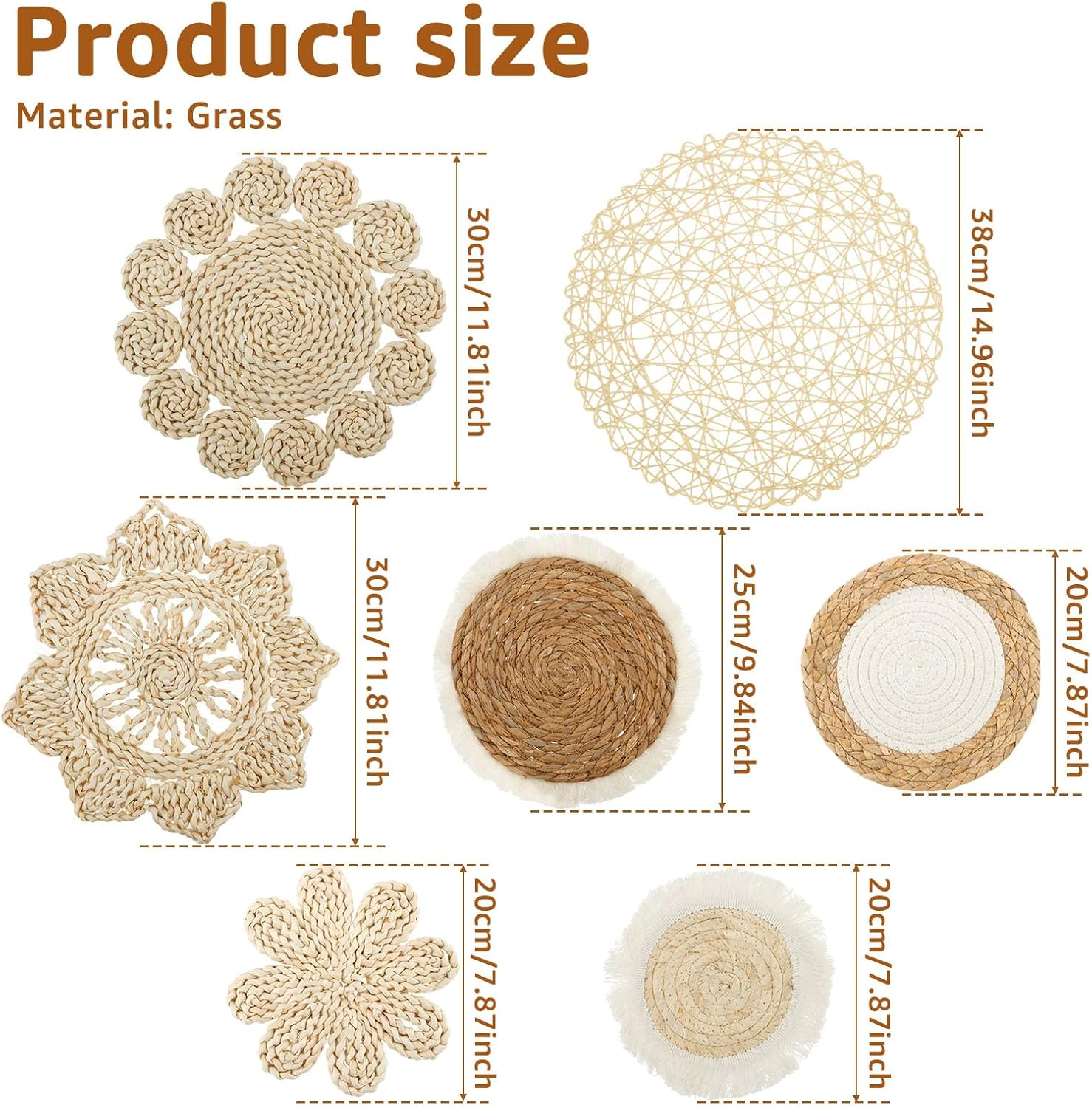 7-Pack Boho Wall Basket Decor: Seagrass Rattan Wicker - round Wall Art for Farmhouse Bedroom, Living Room, Kitchen - White