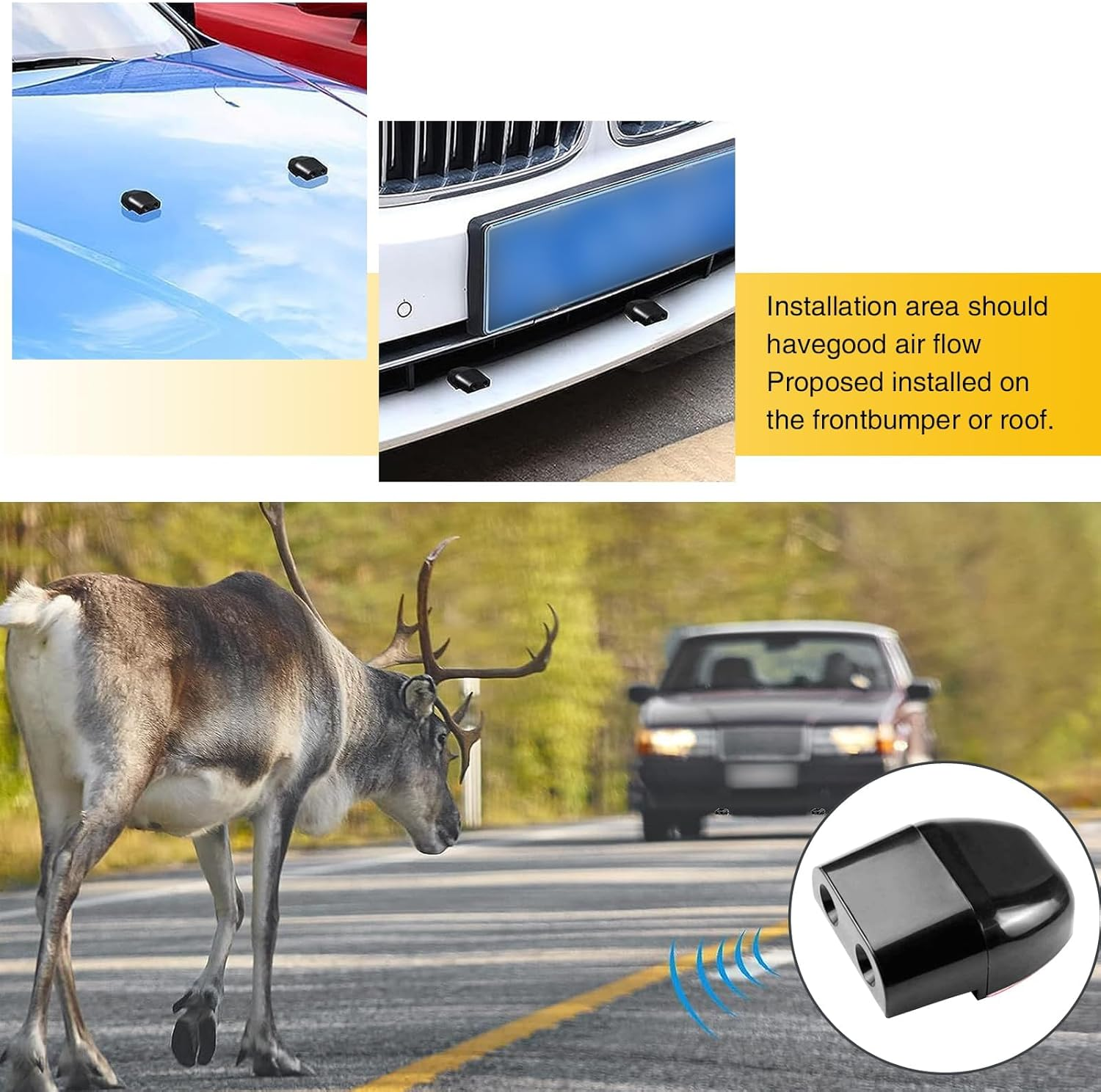 4 PCS Car Dual Hole Deer Repeller, 1.96" X 0.78" X 1.57" Self-Adhesive ABS Waterproof Dual Horn Deer Whistle, Universal Safety Auxiliary Accessory, Compatible with Most Car Models (Black)