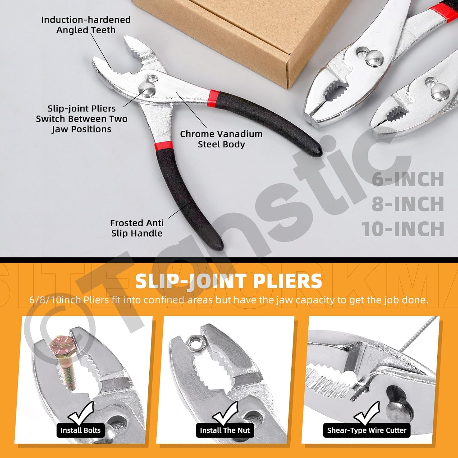 Tanstic 3Pcs 6" 8" 10" Slip Joint Pliers Set, Heavy Duty Carbon Steel Slip-Joint Pliers with Non Slip Handle image number 4